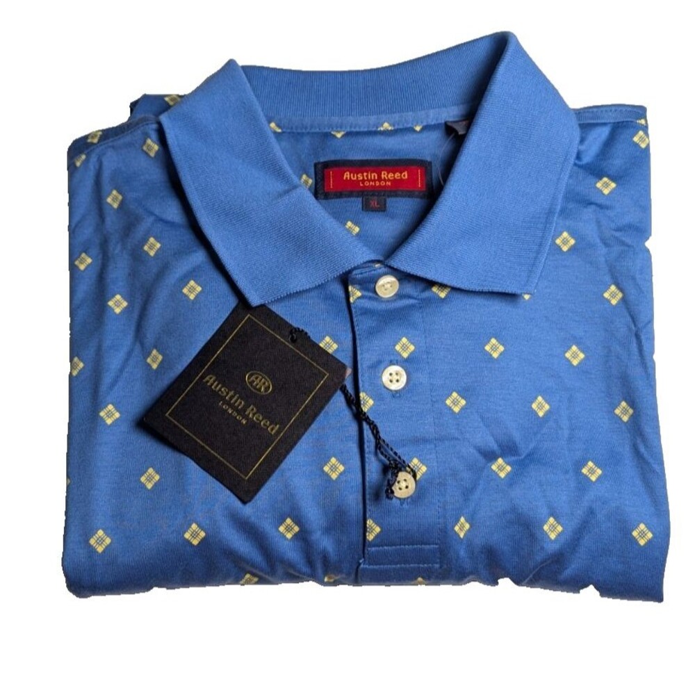 Austin Reed London Polo Shirt Men's XL 100% Cotton Blue Geometric Print NWT